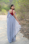 Designer Pure Cotton Sarees with All over Linear Stripes ~Sage Grey - verymuchindian.com