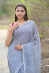 Designer Pure Cotton Sarees with All over Linear Stripes ~Sage Grey - verymuchindian.com
