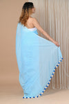 Designer Pure Cotton Sarees with All over Linear Stripes ~Sky Blue - verymuchindian.com