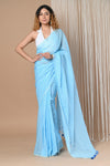 Designer Pure Cotton Sarees with All over Linear Stripes ~Sky Blue - verymuchindian.com