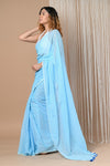 Designer Pure Cotton Sarees with All over Linear Stripes ~Sky Blue - verymuchindian.com