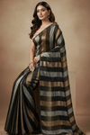 Dupion Tissue Silk Saree with Midnight Luxe Striped in Black with Antique Gold & Silver Accents - verymuchindian.com