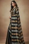 Dupion Tissue Silk Saree with Midnight Luxe Striped in Black with Antique Gold & Silver Accents - verymuchindian.com