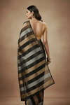 Dupion Tissue Silk Saree with Midnight Luxe Striped in Black with Antique Gold & Silver Accents - verymuchindian.com