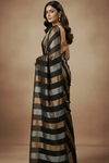 Dupion Tissue Silk Saree with Midnight Luxe Striped in Black with Antique Gold & Silver Accents - verymuchindian.com