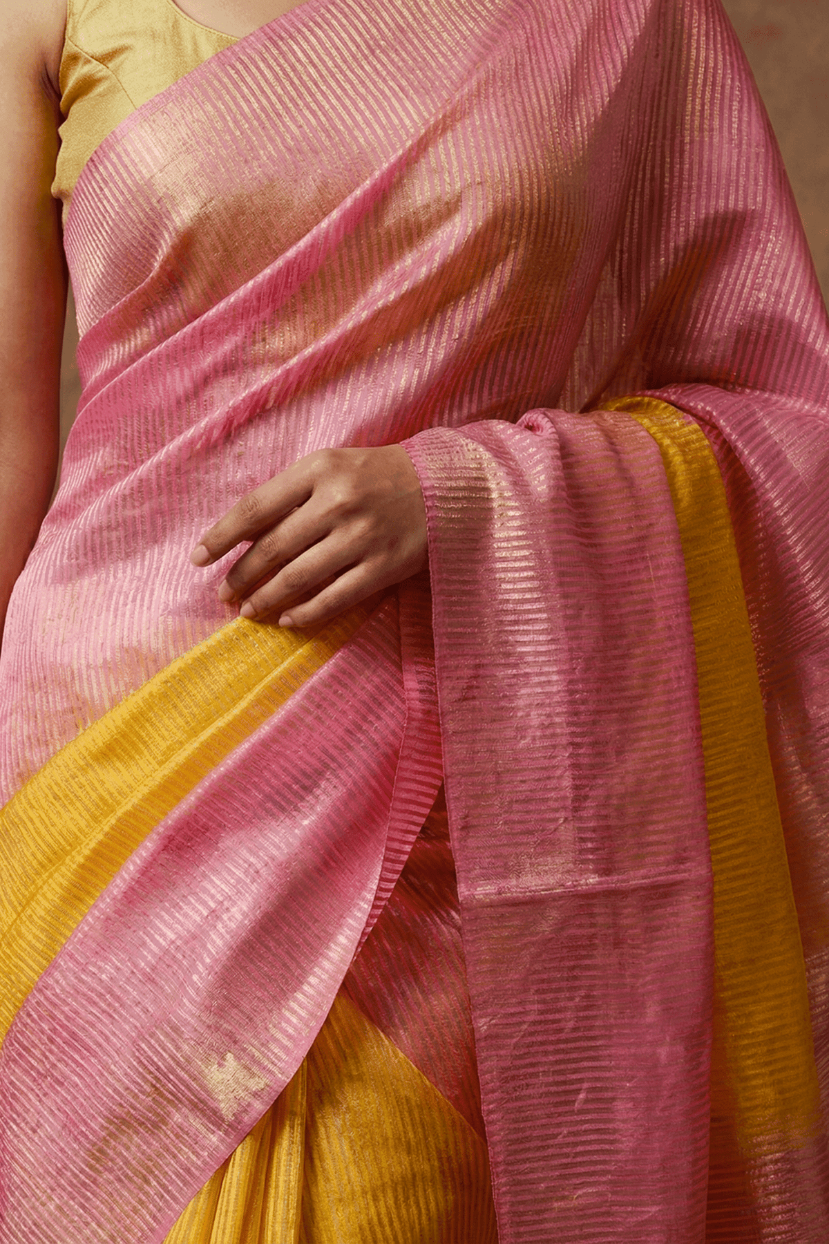 Dupion Tissue Silk Saree with Radiant Sunsets in Pink & Yellow Ombre - verymuchindian.com