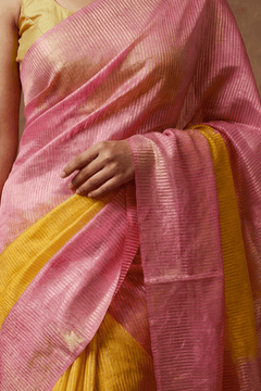 Dupion Tissue Silk Saree with Radiant Sunsets in Pink & Yellow Ombre - verymuchindian.com