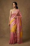 Dupion Tissue Silk Saree with Radiant Sunsets in Pink & Yellow Ombre - verymuchindian.com