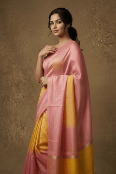 Dupion Tissue Silk Saree with Radiant Sunsets in Pink & Yellow Ombre - verymuchindian.com