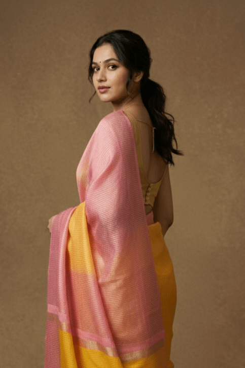 Dupion Tissue Silk Saree with Radiant Sunsets in Pink & Yellow Ombre - verymuchindian.com
