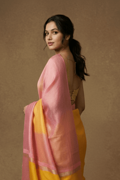 Dupion Tissue Silk Saree with Radiant Sunsets in Pink & Yellow Ombre - verymuchindian.com
