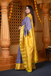 Durva Premium ~ Gadwal Pure Silk Handloom Saree in Checkerds Lilac with Yellow - verymuchindian.com
