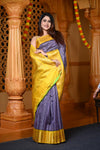 Durva Premium ~ Gadwal Pure Silk Handloom Saree in Checkerds Lilac with Yellow - verymuchindian.com