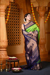 Durva Premium ~ Gadwal Pure Silk Handloom Saree in Emerald Green and Dark Blue - verymuchindian.com