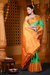Durva Premium ~ Gadwal Pure Silk Handloom Saree in Leaf Green and Yellow - verymuchindian.com