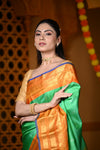 Durva Premium ~ Gadwal Pure Silk Handloom Saree in Leaf Green and Yellow - verymuchindian.com
