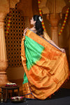 Durva Premium ~ Gadwal Pure Silk Handloom Saree in Leaf Green and Yellow - verymuchindian.com