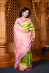 Durva Premium ~ Gadwal Pure Silk Handloom Saree in Lemon Green and Pink - verymuchindian.com