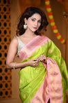 Durva Premium ~ Gadwal Pure Silk Handloom Saree in Lemon Green and Pink - verymuchindian.com