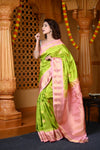Durva Premium ~ Gadwal Pure Silk Handloom Saree in Lemon Green and Pink - verymuchindian.com