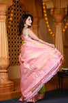 Durva Premium ~ Gadwal Pure Silk Handloom Saree in Lemon Green and Pink - verymuchindian.com