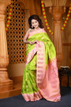 Durva Premium ~ Gadwal Pure Silk Handloom Saree in Lemon Green and Pink - verymuchindian.com