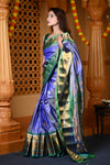 Durva Premium ~ Gadwal Pure Silk Handloom Saree in Marine Blue with Dark Green - verymuchindian.com