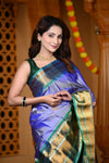 Durva Premium ~ Gadwal Pure Silk Handloom Saree in Marine Blue with Dark Green - verymuchindian.com