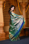 Durva Premium ~ Gadwal Pure Silk Handloom Saree in Marine Blue with Dark Green - verymuchindian.com