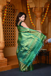 Durva Premium ~ Gadwal Pure Silk Handloom Saree in Maroon and Leaf Green - verymuchindian.com