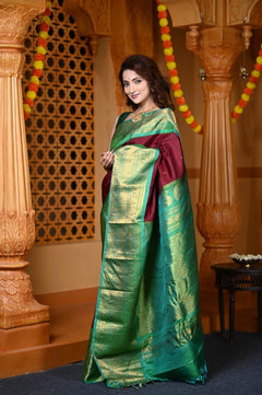 Durva Premium ~ Gadwal Pure Silk Handloom Saree in Maroon and Leaf Green - verymuchindian.com