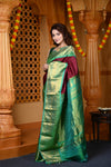 Durva Premium ~ Gadwal Pure Silk Handloom Saree in Maroon and Leaf Green - verymuchindian.com