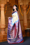 Durva Premium ~ Gadwal Pure Silk Handloom Saree in Off White and Pearl Purple - verymuchindian.com