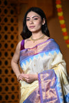 Durva Premium ~ Gadwal Pure Silk Handloom Saree in Off White and Pearl Purple - verymuchindian.com
