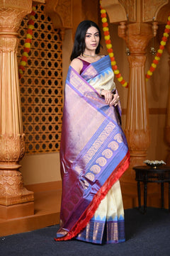 Durva Premium ~ Gadwal Pure Silk Handloom Saree in Off White and Pearl Purple - verymuchindian.com