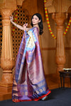 Durva Premium ~ Gadwal Pure Silk Handloom Saree in Off White and Pearl Purple - verymuchindian.com