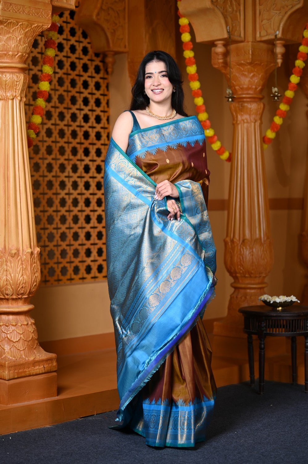 Durva Premium ~ Gadwal Pure Silk Handloom Saree in Olive Gold and Powder Blue - verymuchindian.com