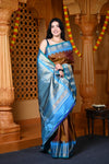 Durva Premium ~ Gadwal Pure Silk Handloom Saree in Olive Gold and Powder Blue - verymuchindian.com
