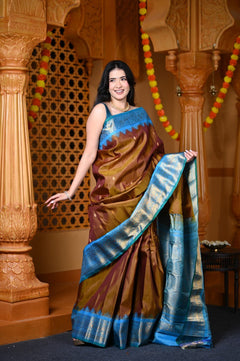 Durva Premium ~ Gadwal Pure Silk Handloom Saree in Olive Gold and Powder Blue - verymuchindian.com