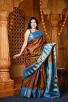 Durva Premium ~ Gadwal Pure Silk Handloom Saree in Olive Gold and Powder Blue - verymuchindian.com