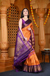 Durva Premium ~ Gadwal Pure Silk Handloom Saree in Orange and Purple - verymuchindian.com