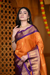 Durva Premium ~ Gadwal Pure Silk Handloom Saree in Orange and Purple - verymuchindian.com