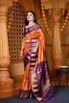Durva Premium ~ Gadwal Pure Silk Handloom Saree in Orange and Purple - verymuchindian.com