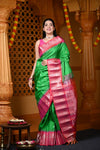 Durva Premium ~ Gadwal Pure Silk Handloom Saree in Parakeet Green and Pink - verymuchindian.com