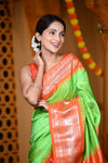Durva Premium ~ Gadwal Pure Silk Handloom Saree in Parrot Green and Sapphire Orange - verymuchindian.com