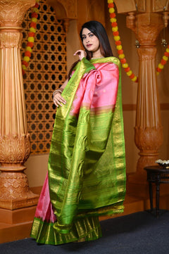 Durva Premium ~ Gadwal Pure Silk Handloom Saree in Peach Pink and Leaf Green - verymuchindian.com