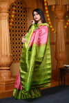 Durva Premium ~ Gadwal Pure Silk Handloom Saree in Peach Pink and Leaf Green - verymuchindian.com