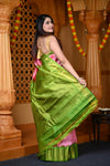 Durva Premium ~ Gadwal Pure Silk Handloom Saree in Peach Pink and Leaf Green - verymuchindian.com