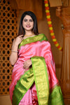 Durva Premium ~ Gadwal Pure Silk Handloom Saree in Peach Pink and Leaf Green - verymuchindian.com