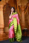 Durva Premium ~ Gadwal Pure Silk Handloom Saree in Peach Pink and Leaf Green - verymuchindian.com